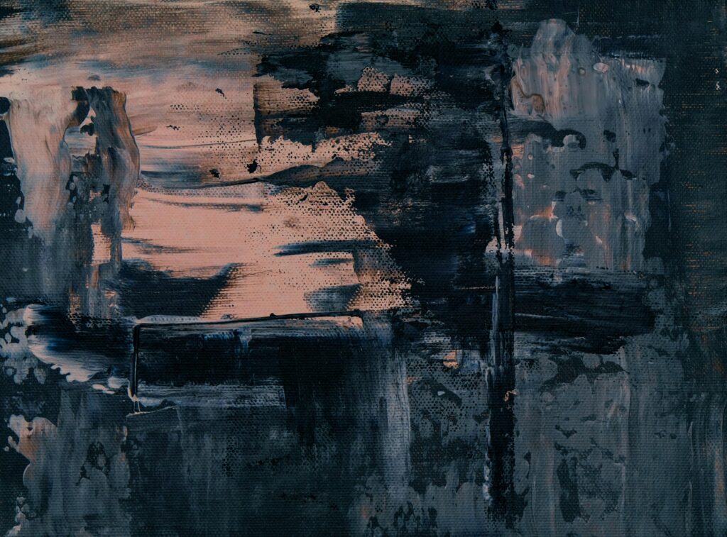 Abstract expressionist painting with dark and moody texture on canvas.